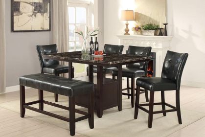 Dining Room Furniture 6pc Counter Height Dining Set Dining Table w Storage 4x High Chairs 1x Bench Black Faux Leather Tufted Seats Faux Marble Ta