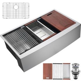 Farmhouse Kitchen Sink, 304 Stainless Steel Drop-In Sinks, Top Mount Single Bowl Basin with Ledge & Accessories (size: 30 inch)